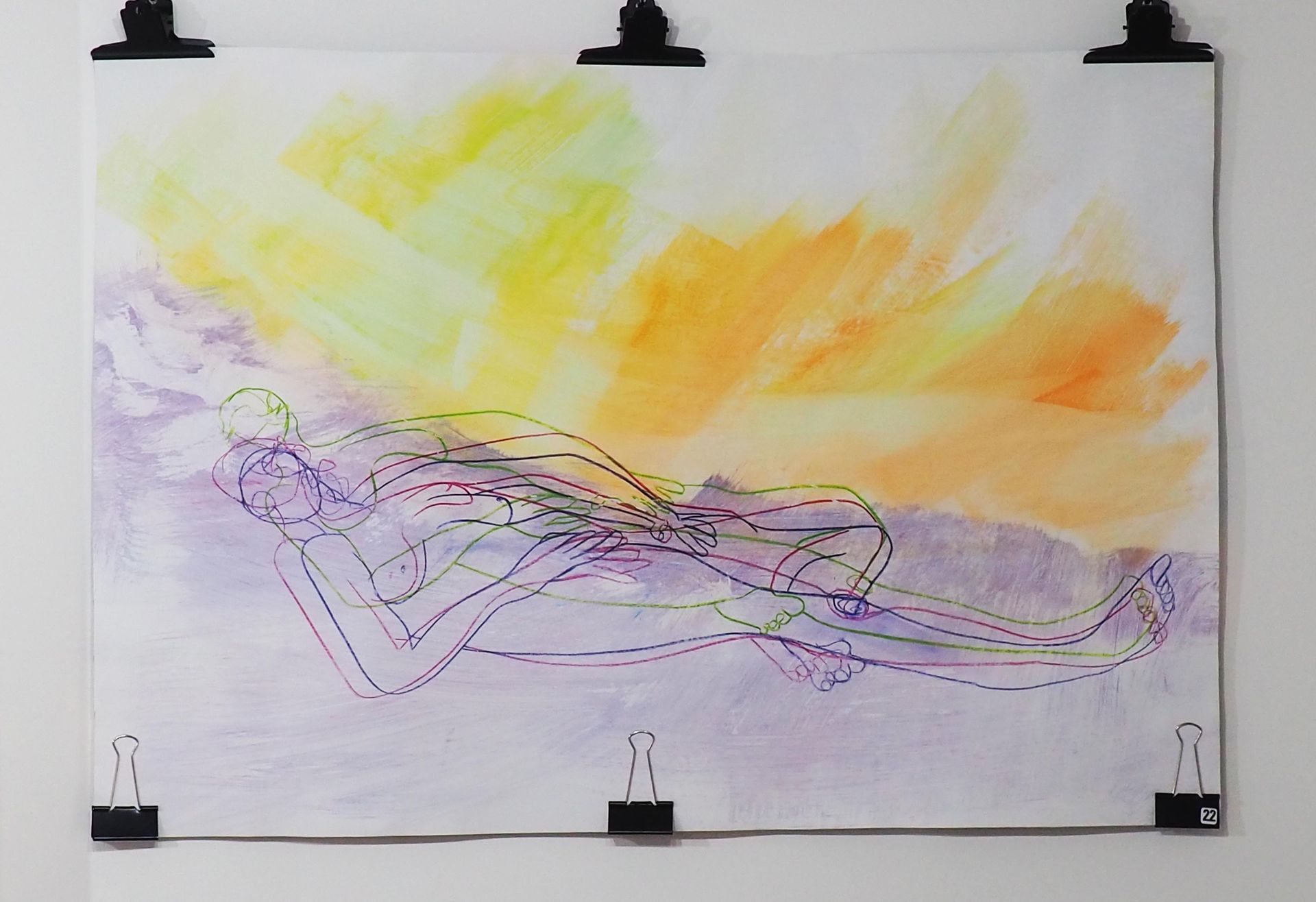 Energetic orange yellow brush strokes form a type of sky, while pinky / purple brush strokes are the foreground.  There is a loose line drawing in pink blue and green of a relined naked woman. All on a white background.