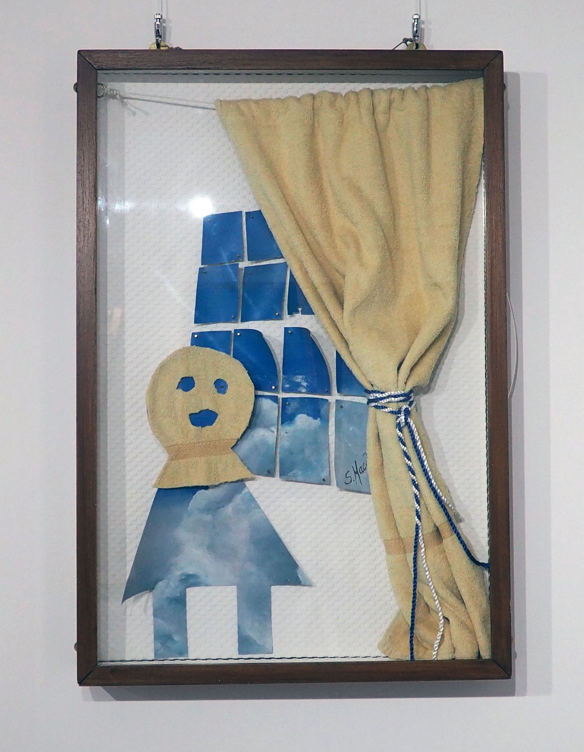 Installation made from towel, painted canvas shows a skirt shaped figure standing in front of a sash window. Like the figure the window is made from a cut up old oil painting of Sarah's the figure is wearing a mask (balclava) 