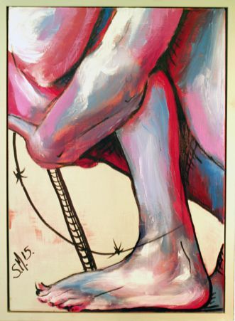 A rectangular painting with an illustrative feel of a person's bent arms hugging their legs, drawn in black sharpie pen over painted contrasting cool reds and blues giving form. The foot and shin of the leg are at a right-angle to the frame. A line of barb wire sweeps over the ankle.