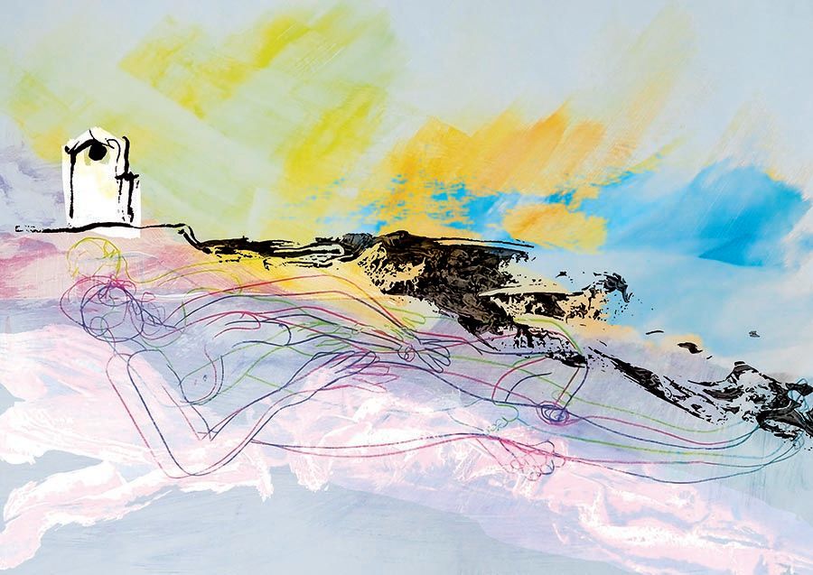 Energetic orange yellow and blue brush strokes form the sky, while pinky white lose strokes are the foreground. Dividing these is black etched like marks suggesting rocky land. A white engine house sits on top in framed by black lines. There is a loose line drawing in pink blue and green of a relined naked woman. All on a light grey background.