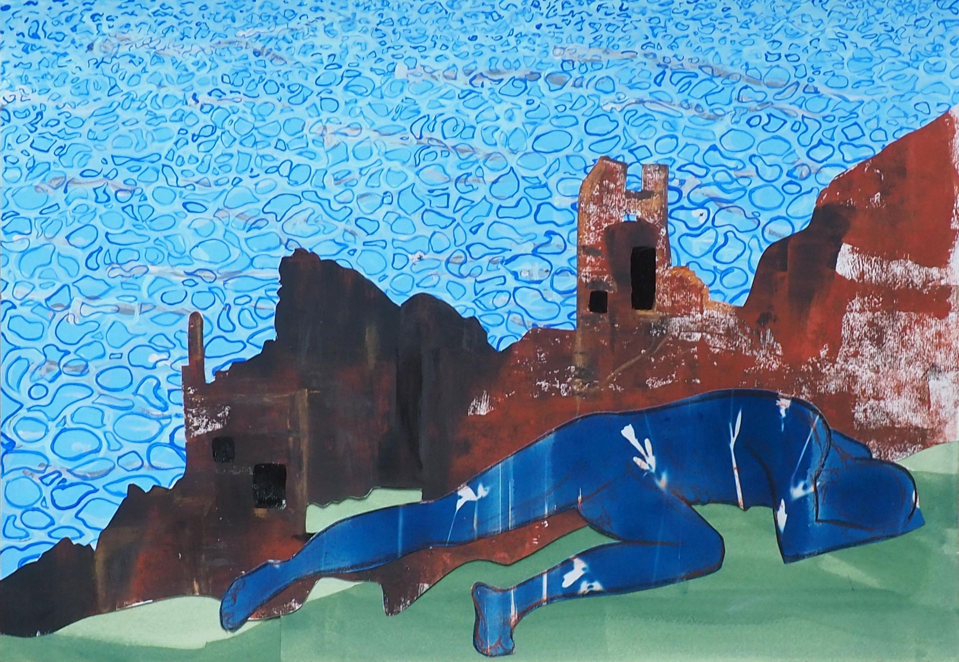 A rugged stencilled rock and engine Houses shape painted in different browns silhouettes a blue back ground that has is filled with blue swirly shapes. The foreground is a naked figure cut out of a blue cyanotype with some white flower details. The figure lies on a green wash.