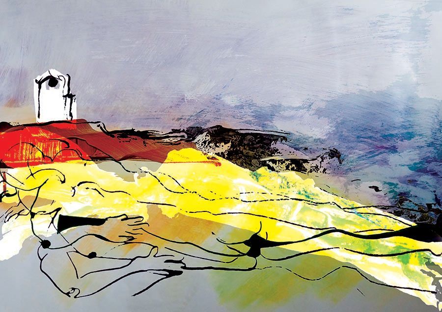 Energetic pinky / purple and blue brush strokes form the sky, while yellow and green lose strokes are the foreground. Dividing these is black etched like marks suggesting rocky land, partly filled with red. A white engine house sits on top in framed by black lines. There is a loose line drawing in black of a relined naked person. All on a medium grey background.