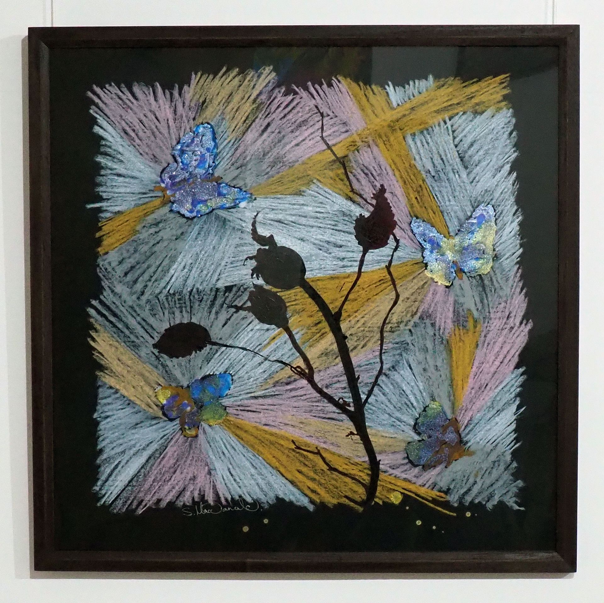 Energetic greys, pink and ochre scratch-like marks on black resemble the sky on which three butterflies hover over a silhouette of part of a rose plant with two old roses and only a couple of leaves. The butterflies are blue, purple and yellow metallics. Simple dark brown wood frame behind perspex.  