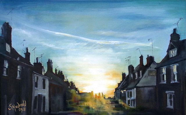 Landscape painting of an old street with houses on both sides. The perspective of the houses run off to the middle bottom of the painting where the sun is rising. The houses are dark apart from the light reflecting off the glass window panes. A blue green sky fades away down to an orange white sunrise flooding the dark street with colours. There is a wispy white chemtrail.