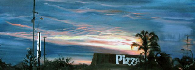 A long landscape painting mainly of sunsetting sky. In the foreground is the roof of a Pizza Hut, palm trees and telegraph poles, all backlit. The sky is a grey blue with darker blue clouds. Lines of peach, lemon yellow and white highlight the clouds in the sunset. Secondary lighting is the neon white and red Pizza Hut sign on a post and the huge Pizza writing on the roof.