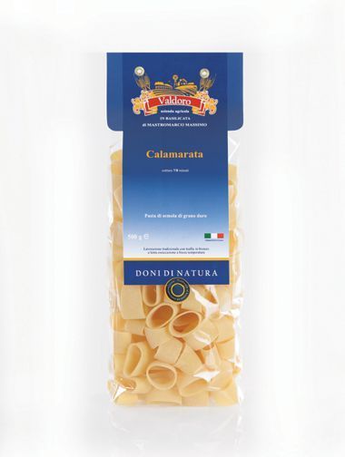 Confezione di Calamarata, un tipo di pasta secca trafilata al bronzo Valdoro