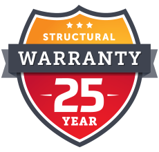 Shield badge logo reading “Structural Warranty 25 Year” in orange, gray, red, and white.