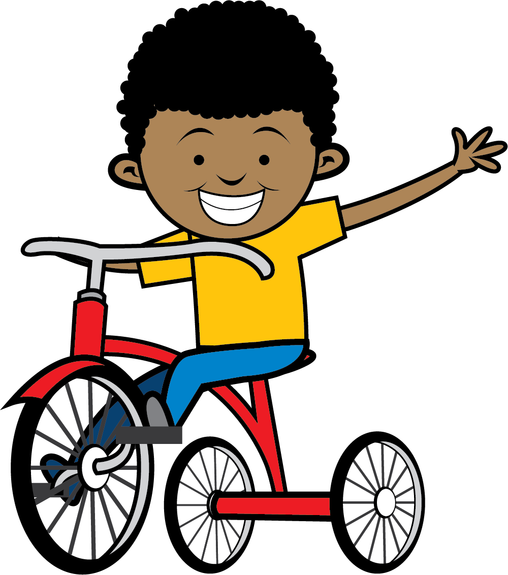 Little boy on red bicycle, waving