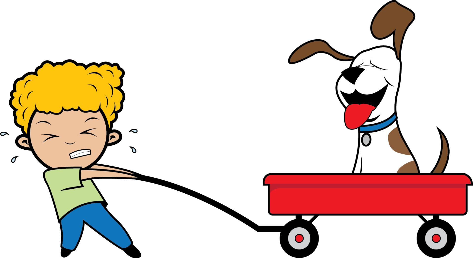 Boy pulling his dog in little red wagon