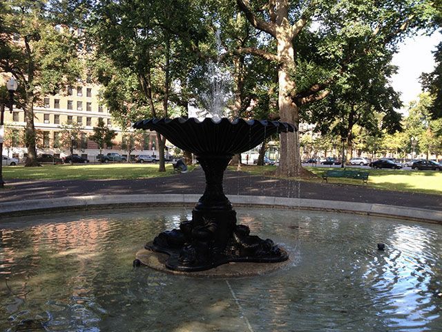 A fountain in a park with trees in the background