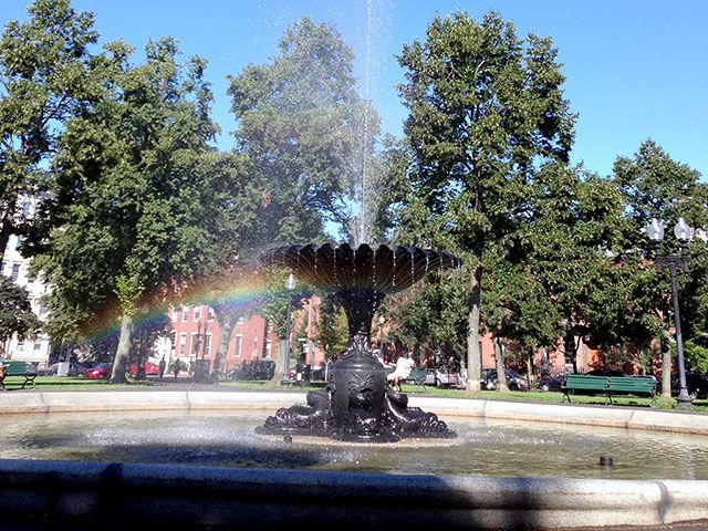 A fountain in a park with a rainbow in the background