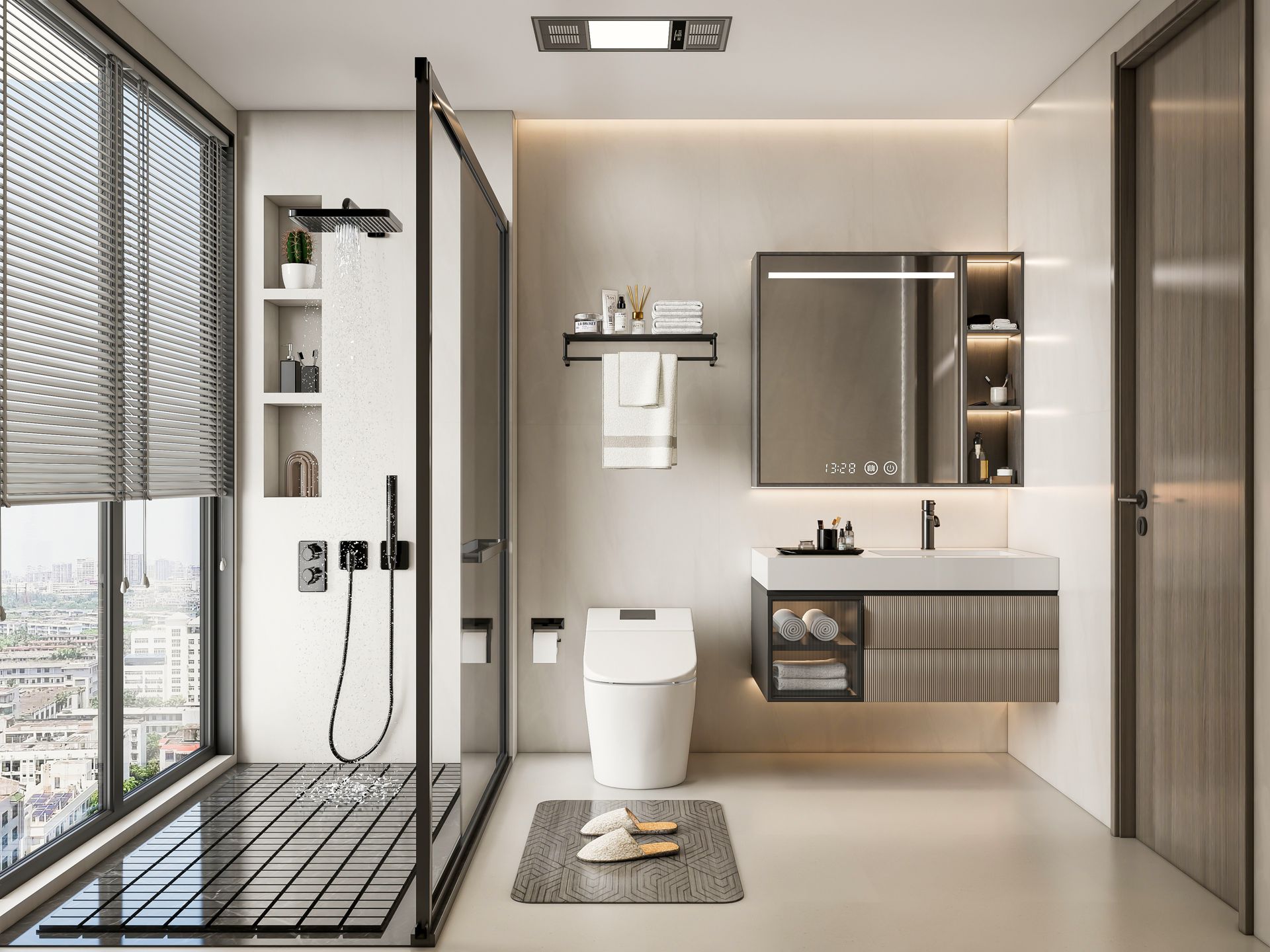 Plumber wearing black gloves uses a wrench to tighten a pipe under a white sink in a bathroom.