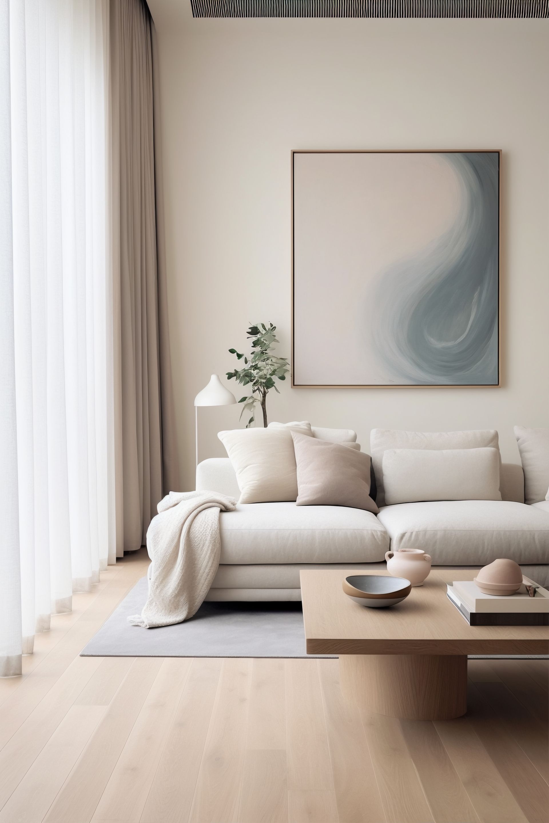 A modern living room with a beige sofa, artwork, and a light wooden coffee table.
