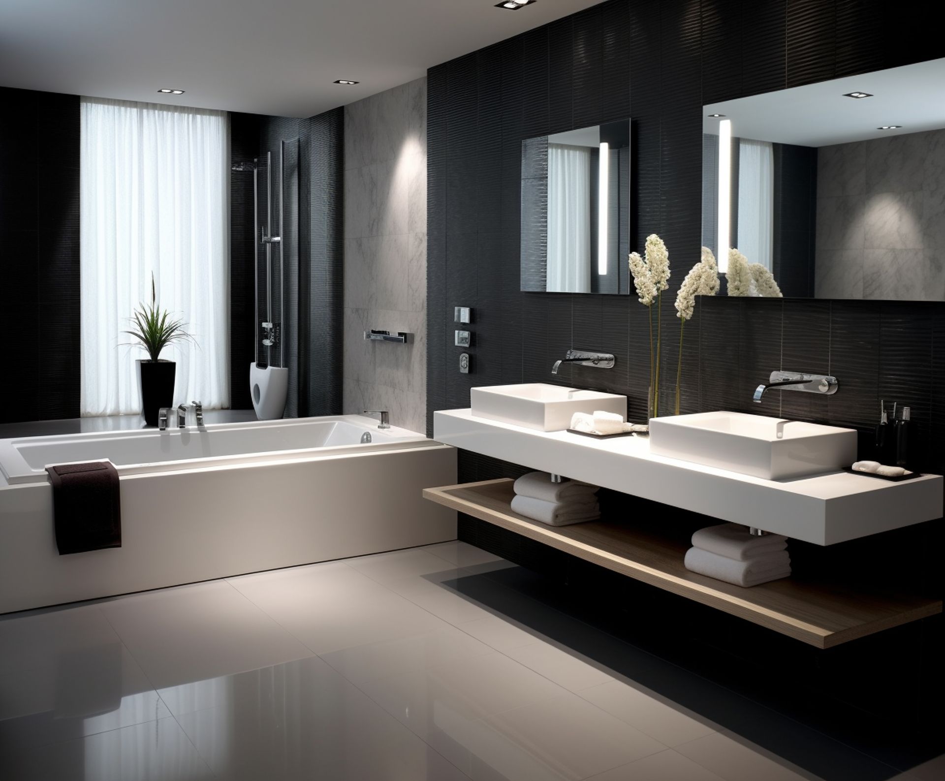 Modern bathroom with a white bathtub, double sink, and dark tiled wall.