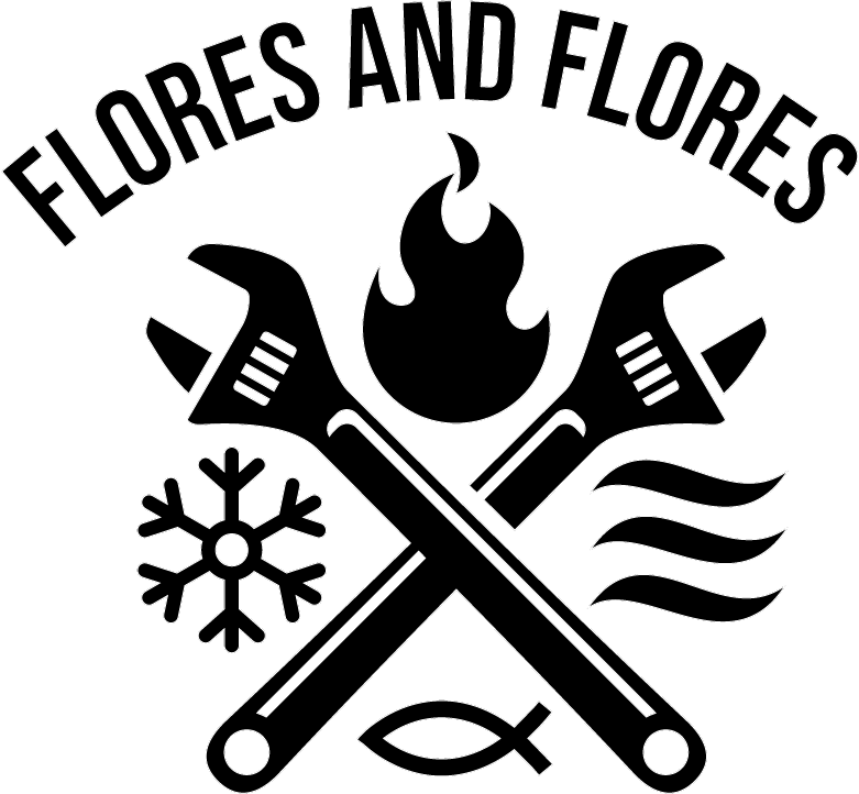Flores and Flores logo: crossed wrenches, flame, snowflake, steam, fish symbol.