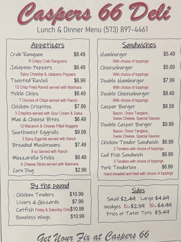 A casper 's 66 deli lunch and dinner menu