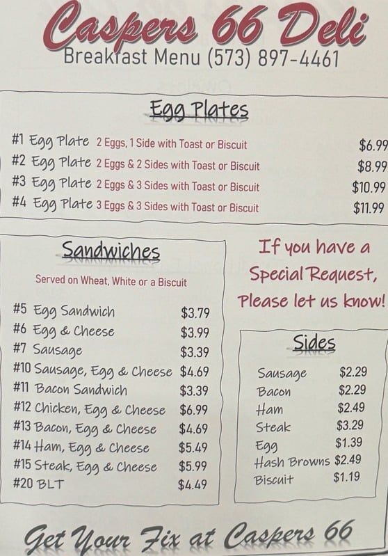 A menu for casper 's 66 deli breakfast menu