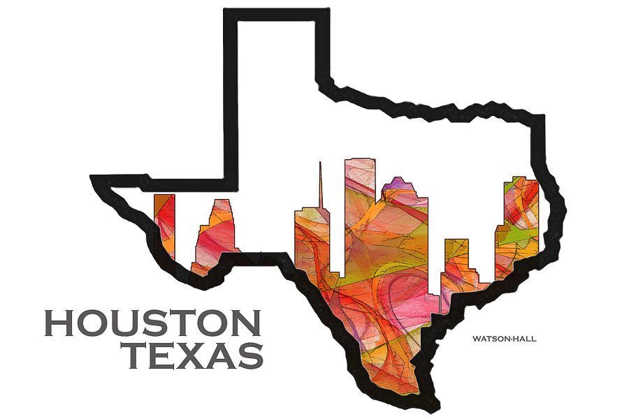 A map of houston texas with a city skyline in the background