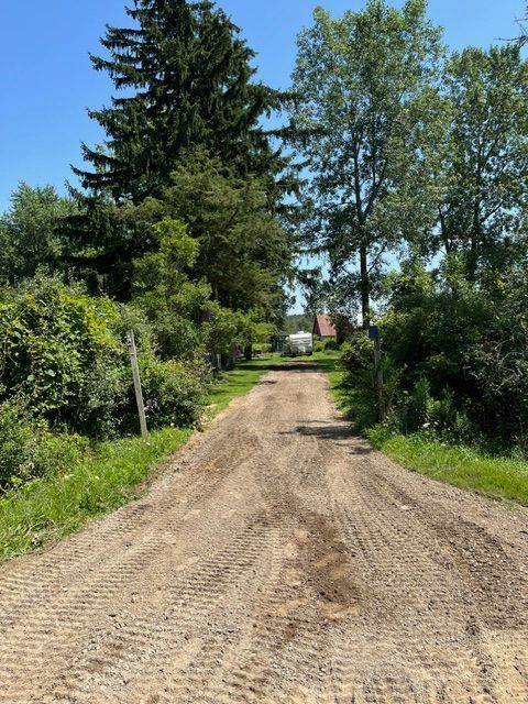 A dirt road with trees on both sides of it