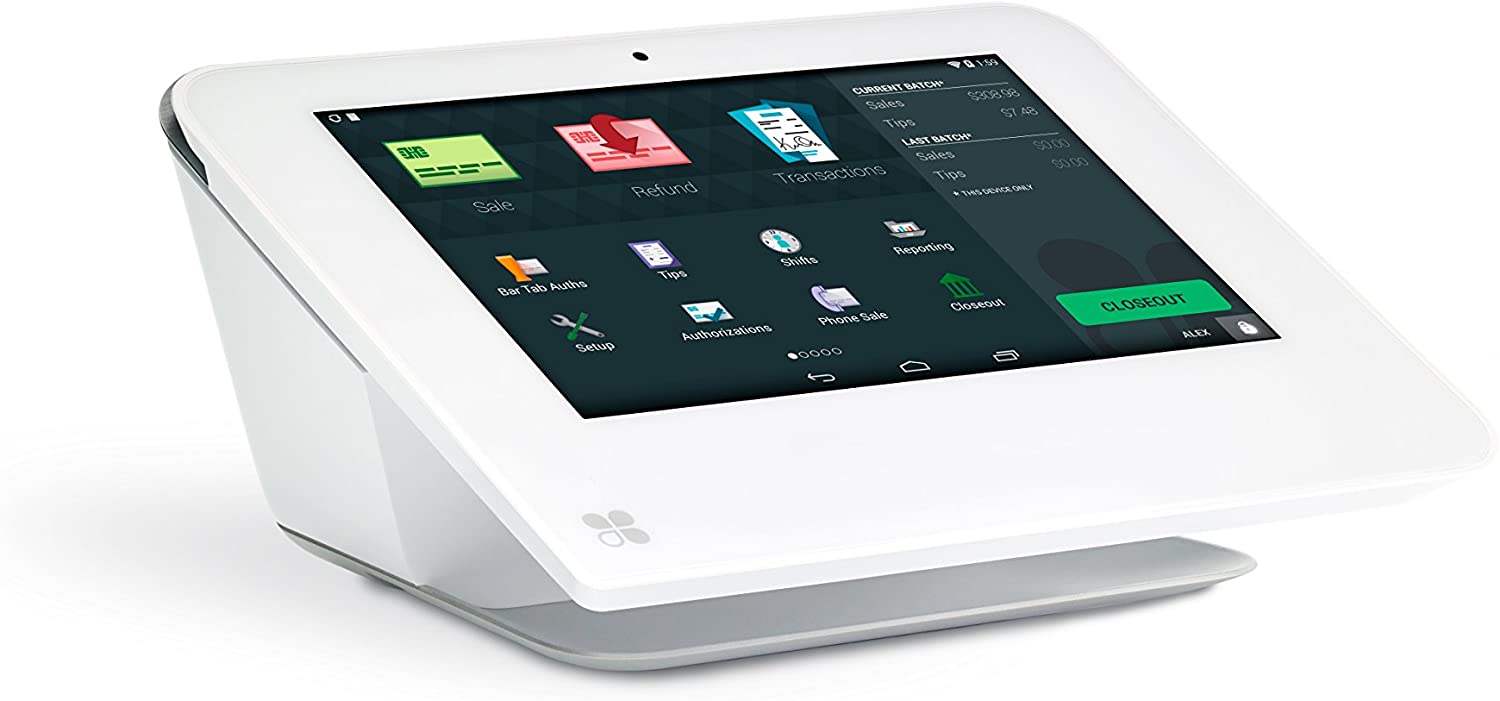 A white tablet with a black screen is sitting on a white surface.