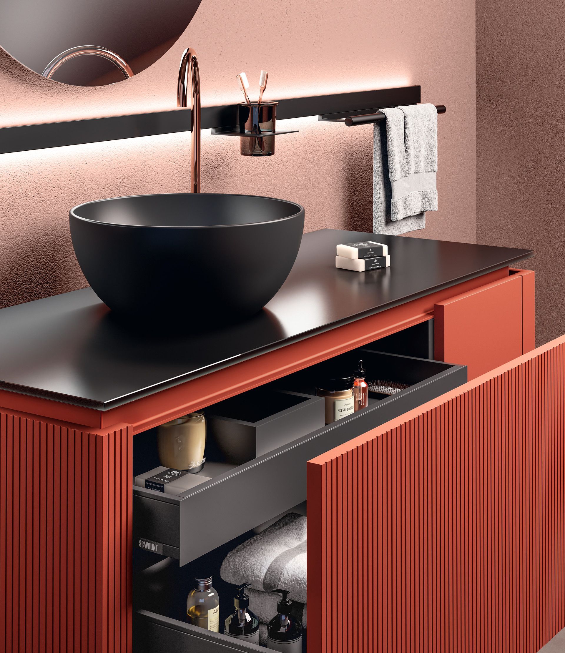 Immagine di un bagno lido di scavolini in finitura laccato opaco arancione
