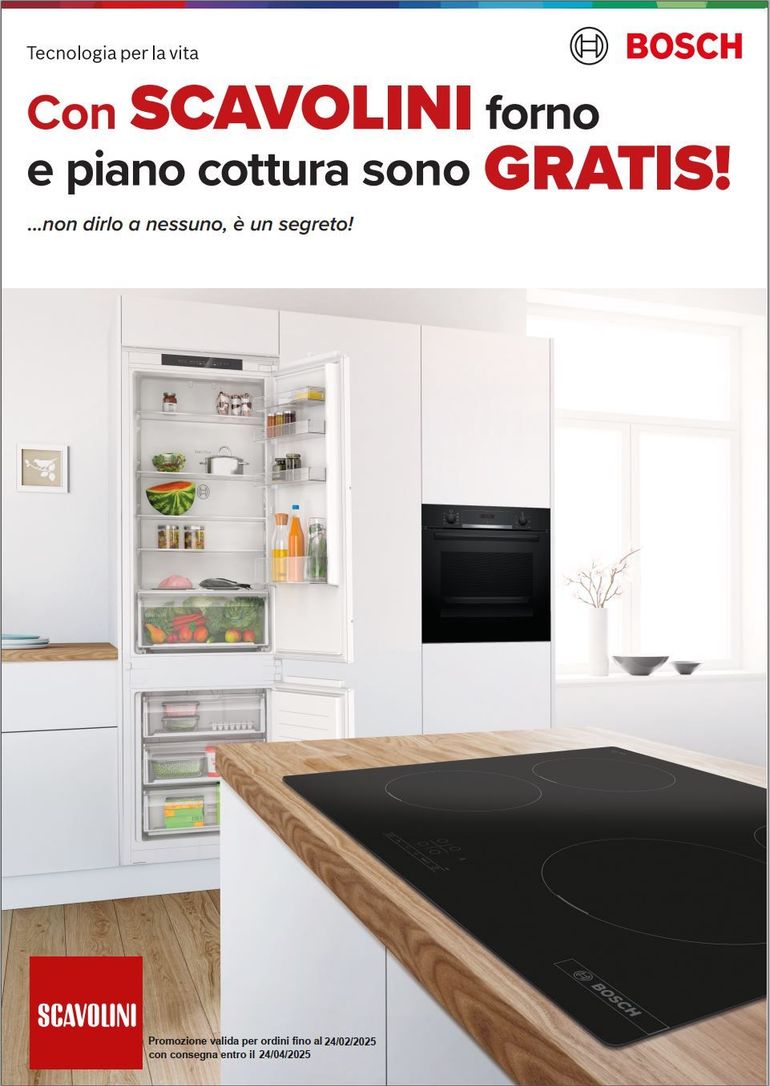 Immagine della locandina della promozione per l'acquisto di una cucina scavolini con elettrodomestici bosch