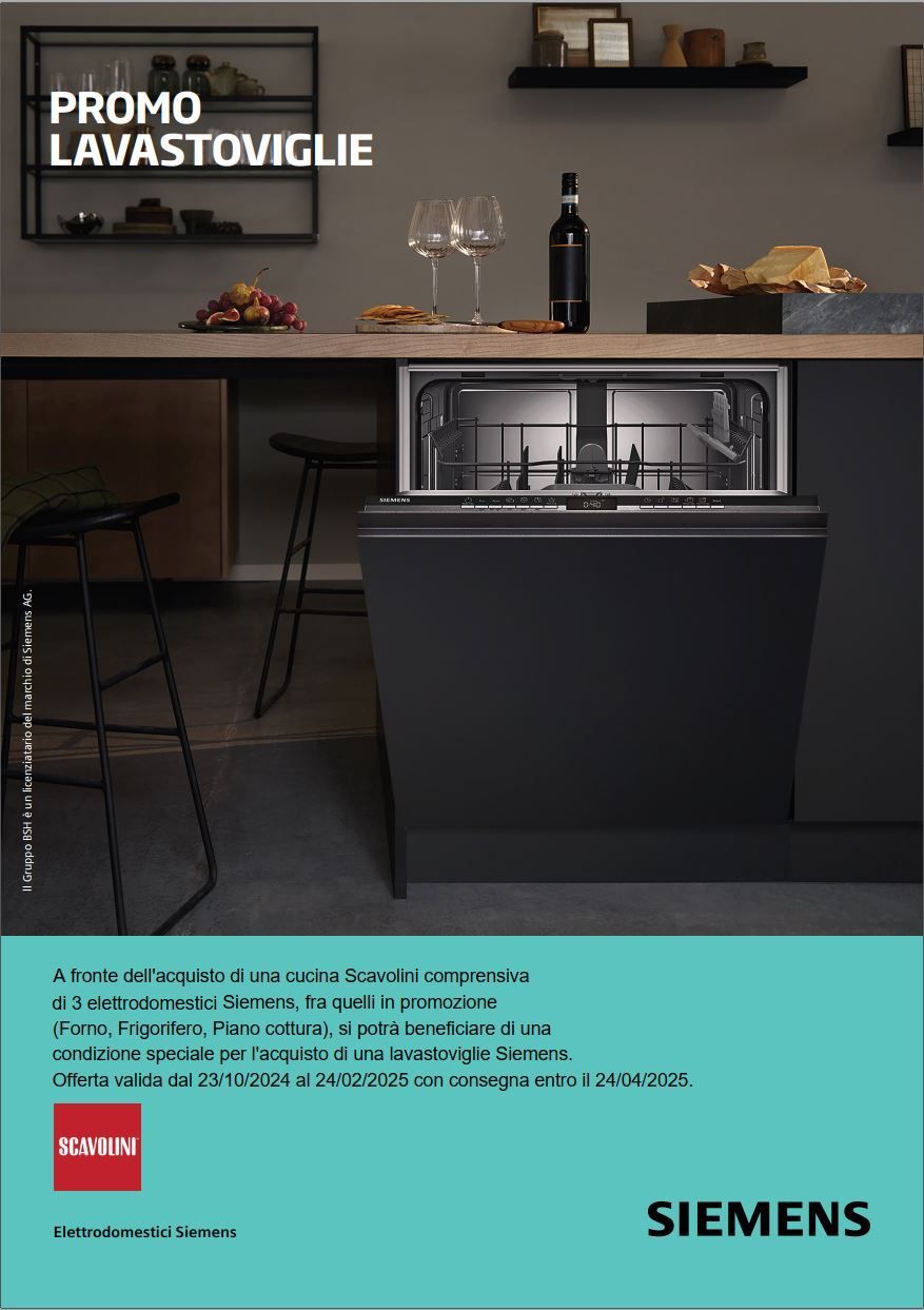 Acquista una cucina Scavolinicomprensiva di alm,eno 3 elettrodomestici Siemens, fra quelli in promozione( frigor,forno,pianocottura) e beneficia di una condizione speciale per l'acquisto di una lavastoviglie Siemens.