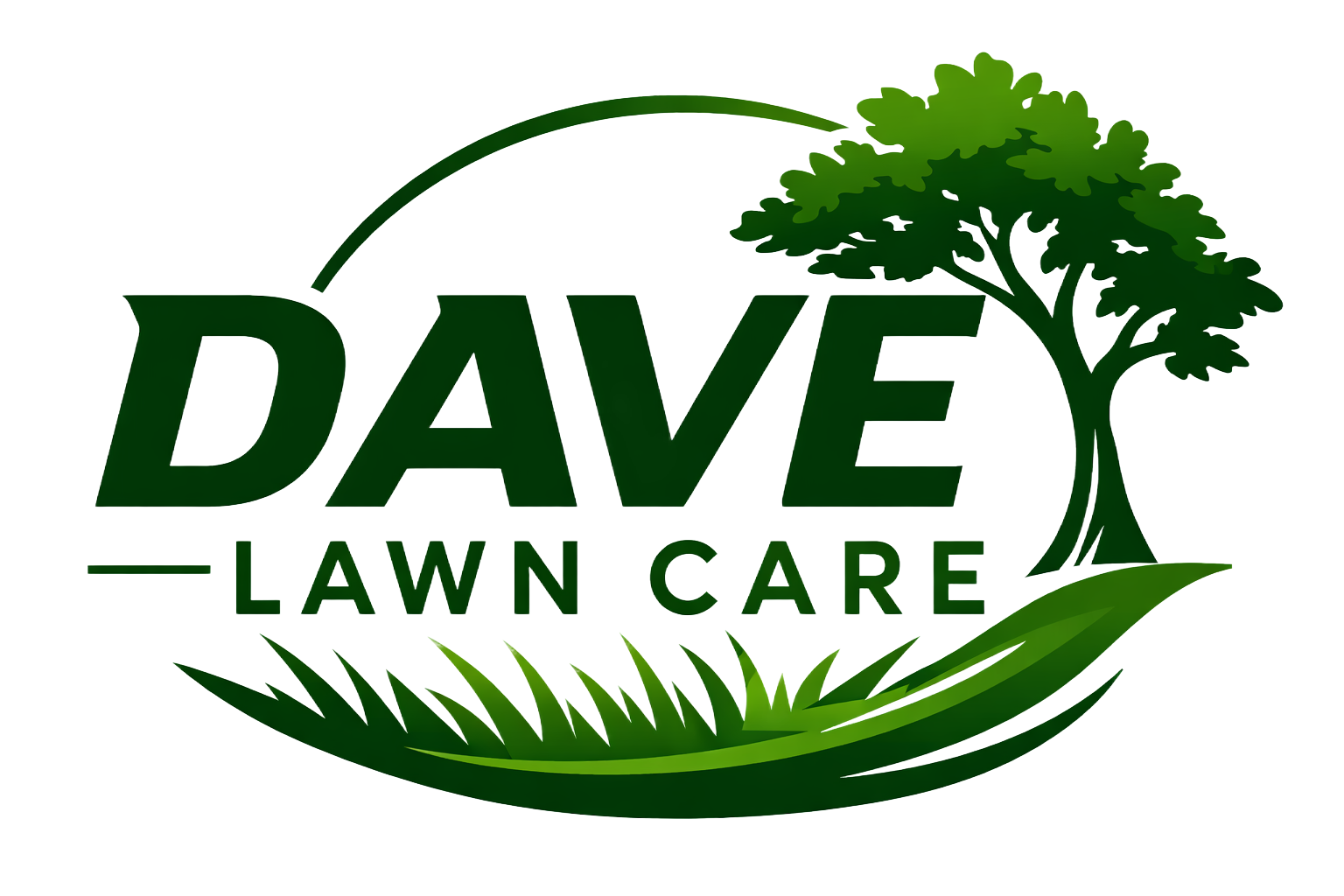 Logo for Dave Lawn Care featuring the company name in green text above a graphic of a tree and a patch of grass.