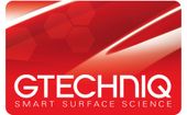 Logo for Gtechniq Smart Surface Science with white text on a red background with a hexagonal pattern.