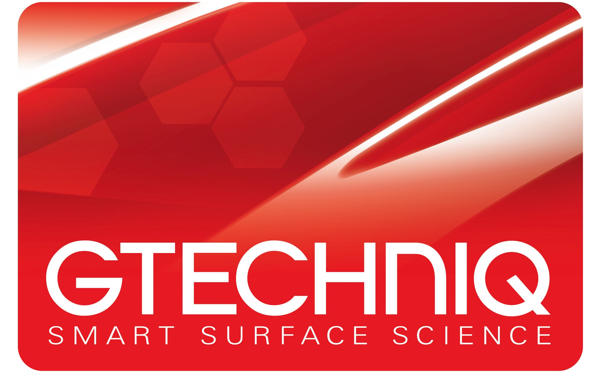 Logo for Gtechniq Smart Surface Science with white text on a red background with a hexagonal pattern.