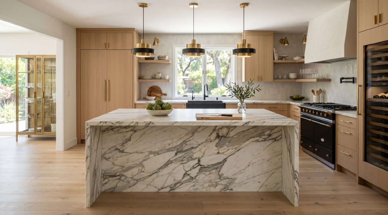 Modern kitchen with marble island, wood cabinetry, stainless appliances, and bright natural light
