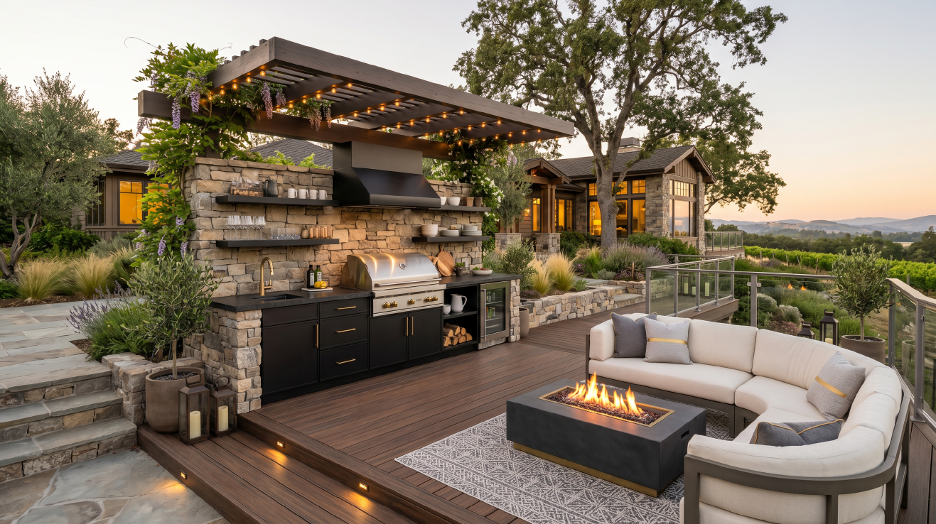 Modern backyard patio with fire pit, outdoor seating, and a stone grill under a pergola at sunset