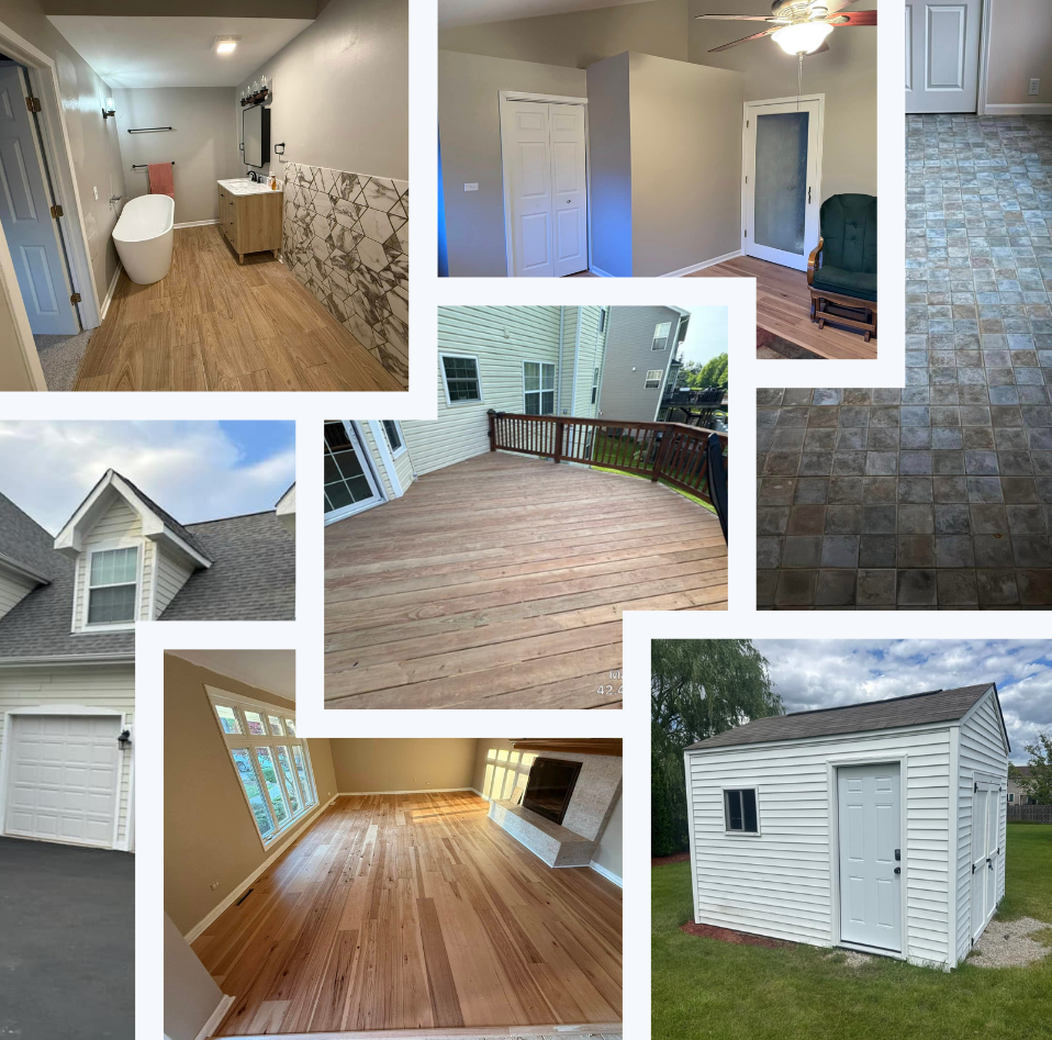 A collage of pictures of a house and a shed