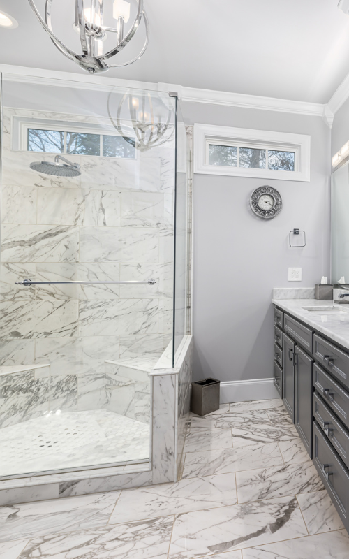 A bathroom with a walk in shower and two sinks.