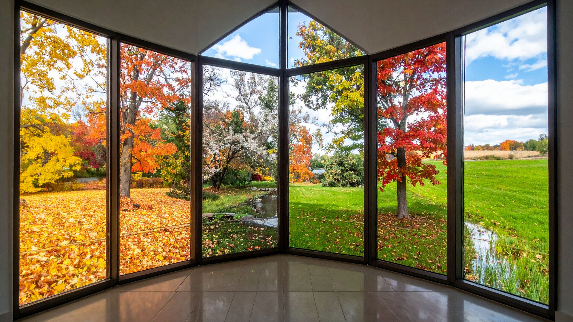 Windows showcasing fall scenes: yellow leaves, red trees, a pond, and a green field.