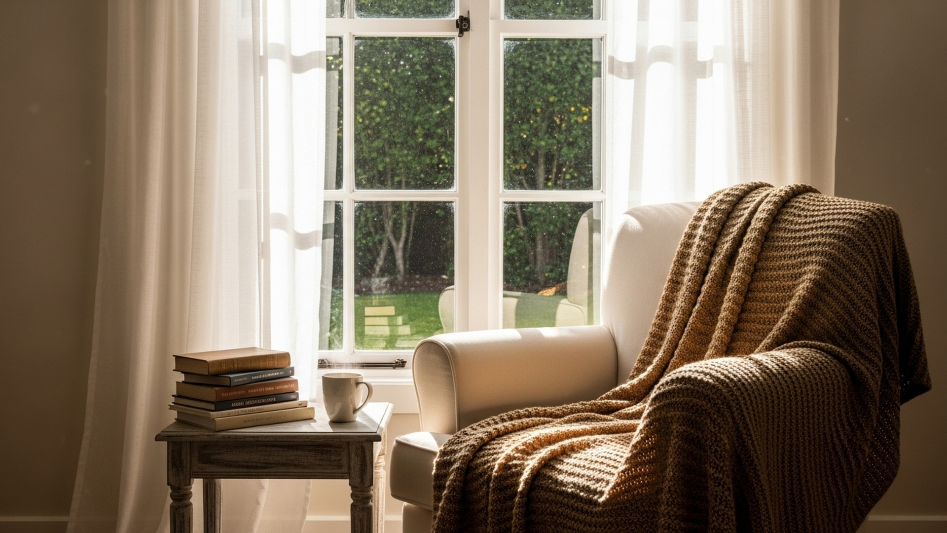 Cozy reading nook: white armchair, tan blanket, small table with books and a mug, window with sunlight.