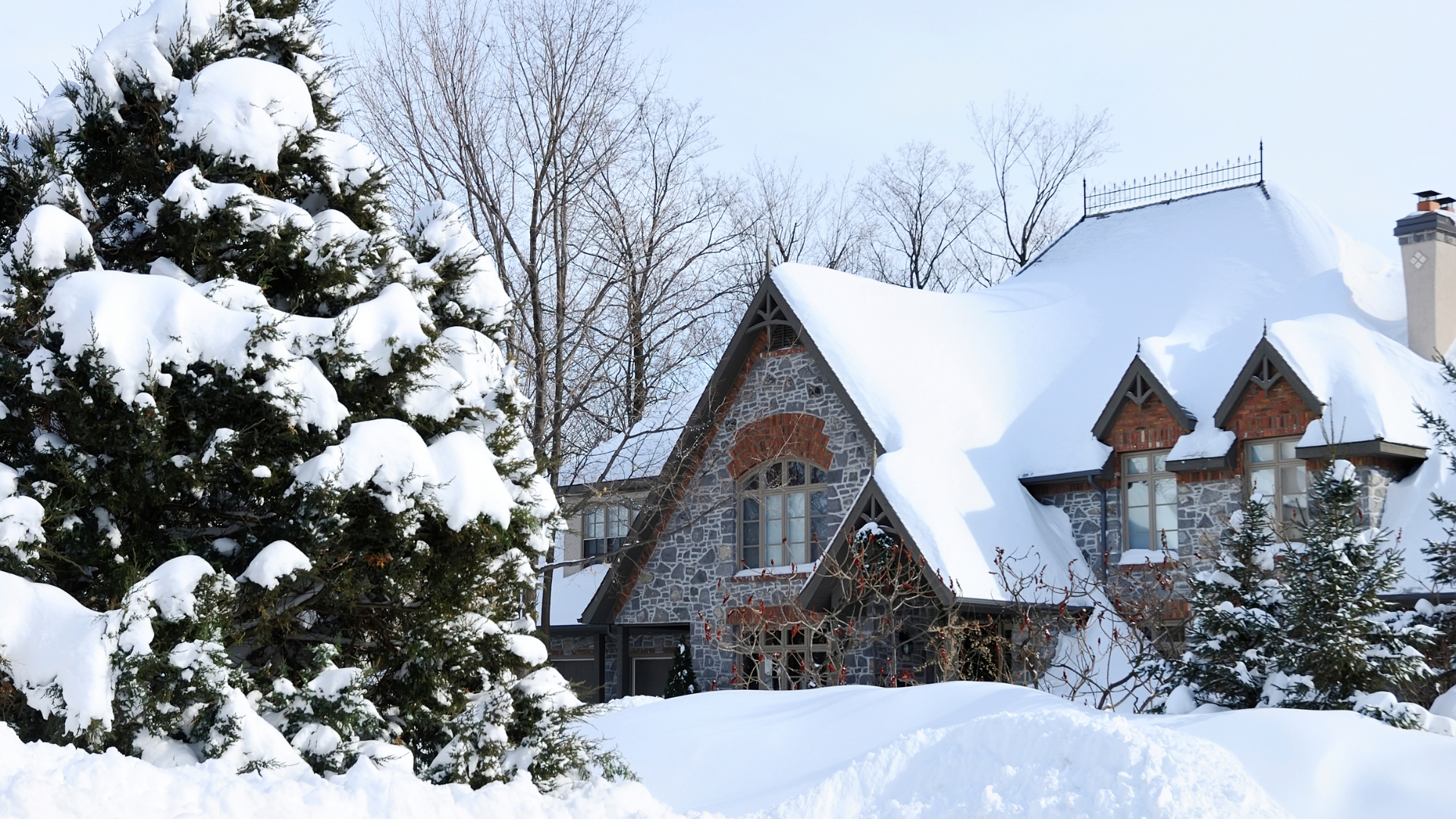 Snow-covered house and evergreen tree; winter scene, with a clear, sunny sky.