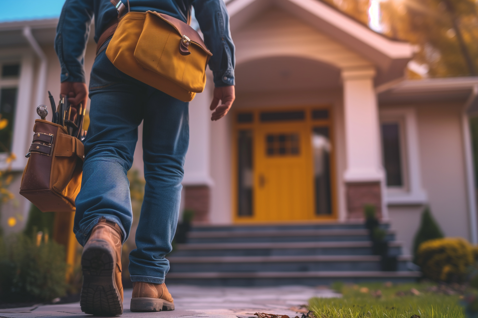 A man is carrying a tool bag and walking towards a house.