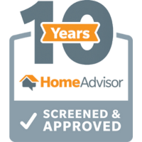 A logo for a home advisor company that has been screened and approved for 10 years.