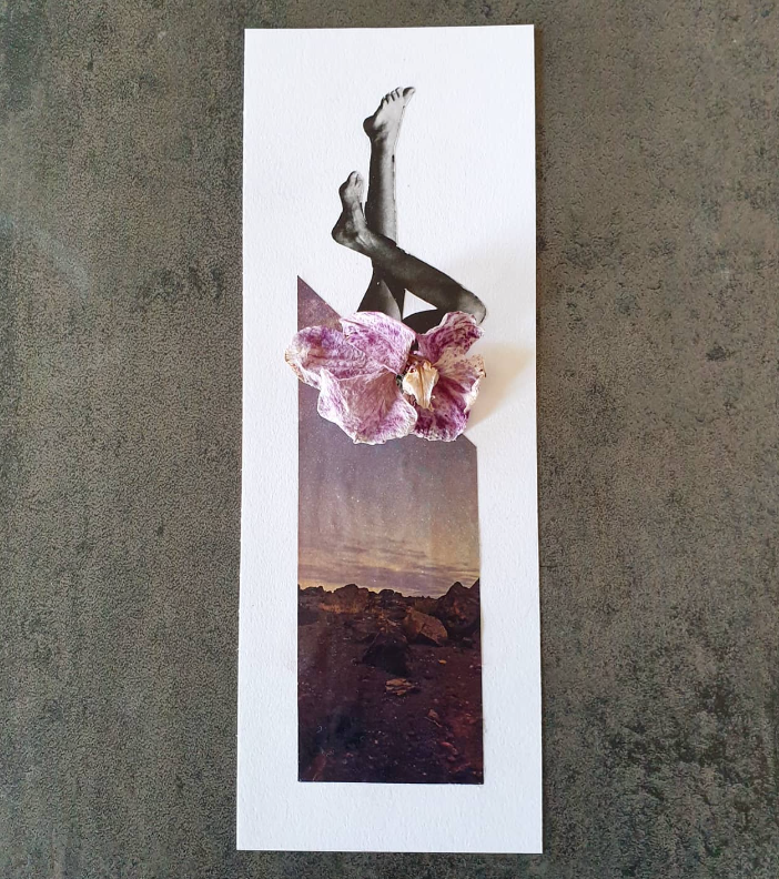 collage su carta 300 gr con due gambe che spuntano da una vera orchidea su un paesaggio marziano