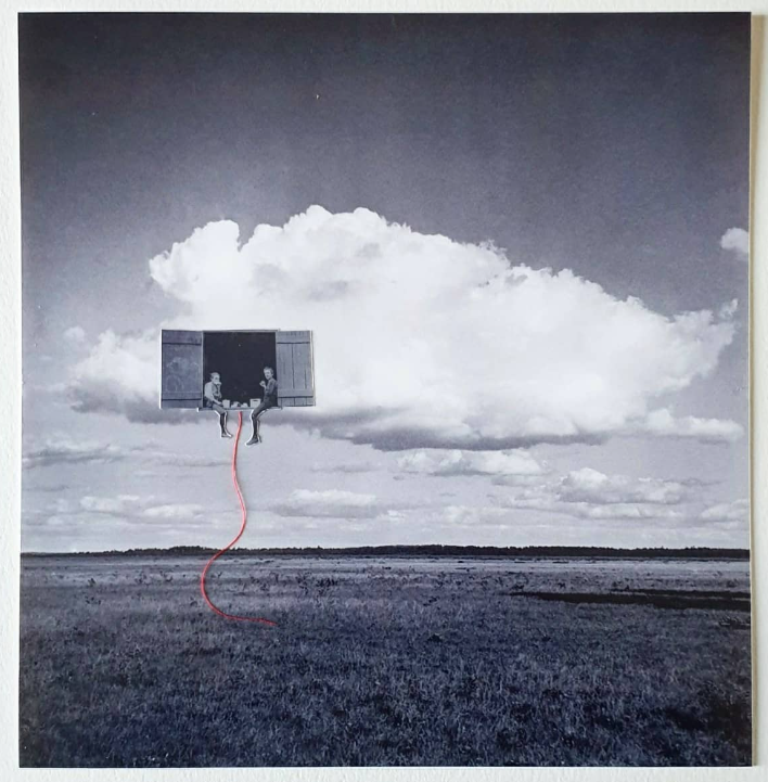 collage, bambini fanno una merenda su una nuvola