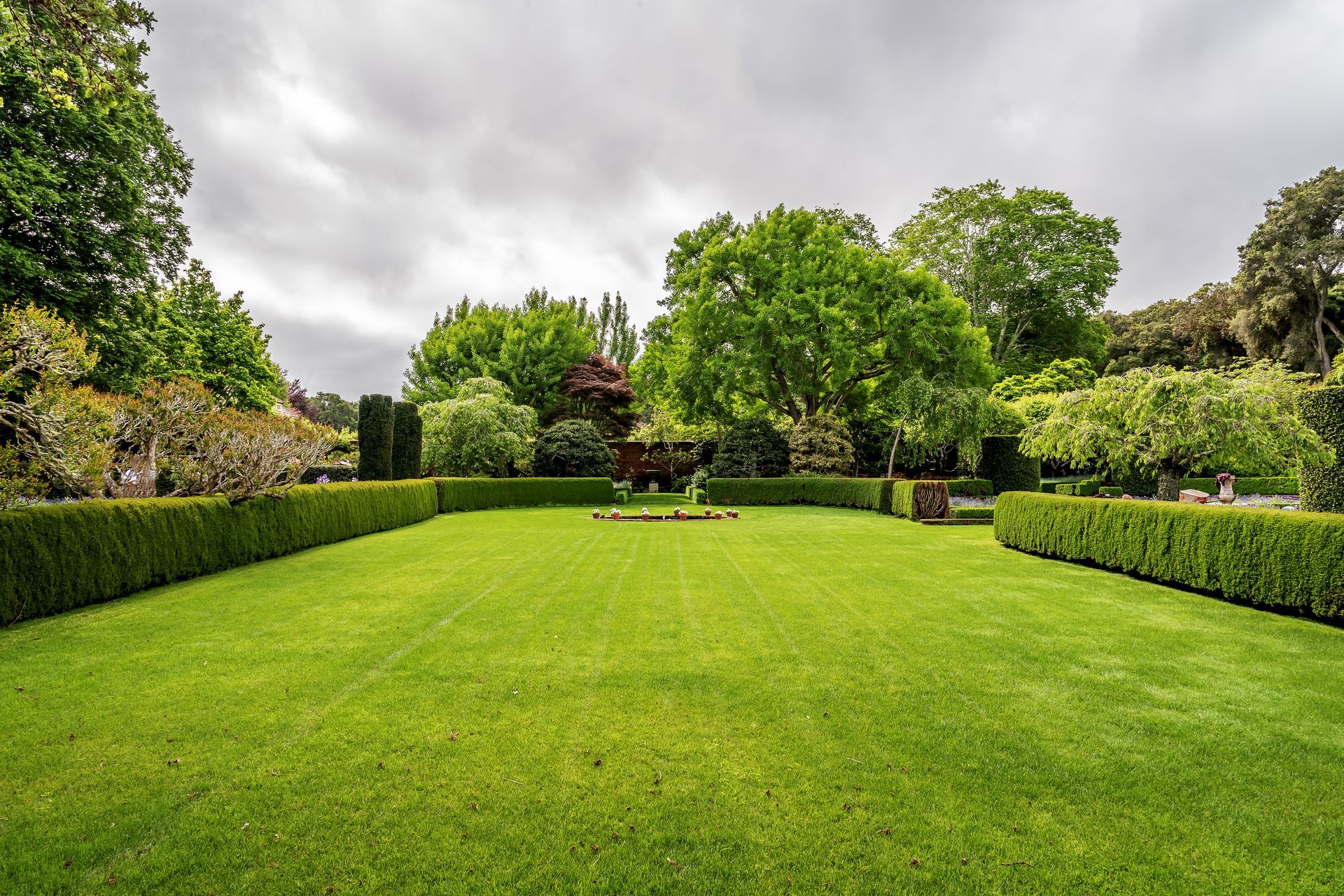 A lush green lawn surrounded by trees and bushes on a cloudy day.