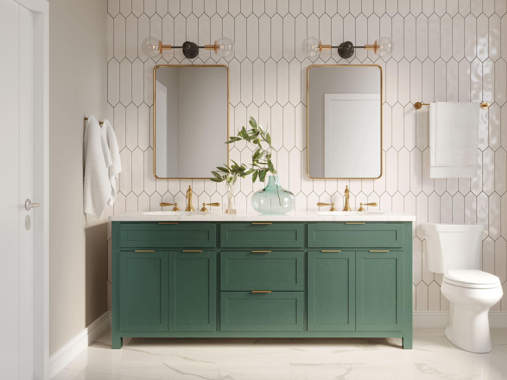 a bathroom with green cabinets , two sinks , a toilet , and two mirrors .