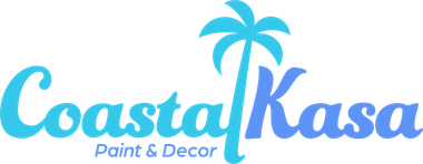 the logo for coastal kasa paint and decor has a palm tree on it .