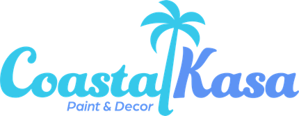 the logo for coastal kasa paint and decor has a palm tree on it .