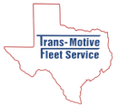 Logo for Trans-Motive Fleet Service, blue text on Texas outline, red border.