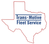 Logo for Trans-Motive Fleet Service, blue text on Texas outline, red border.