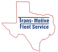 Logo for Trans-Motive Fleet Service, blue text on Texas outline, red border.