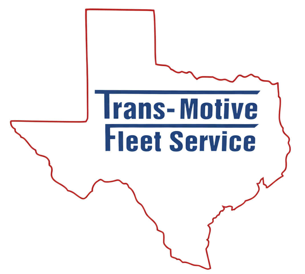 Logo for Trans-Motive Fleet Service, blue text on Texas outline, red border.