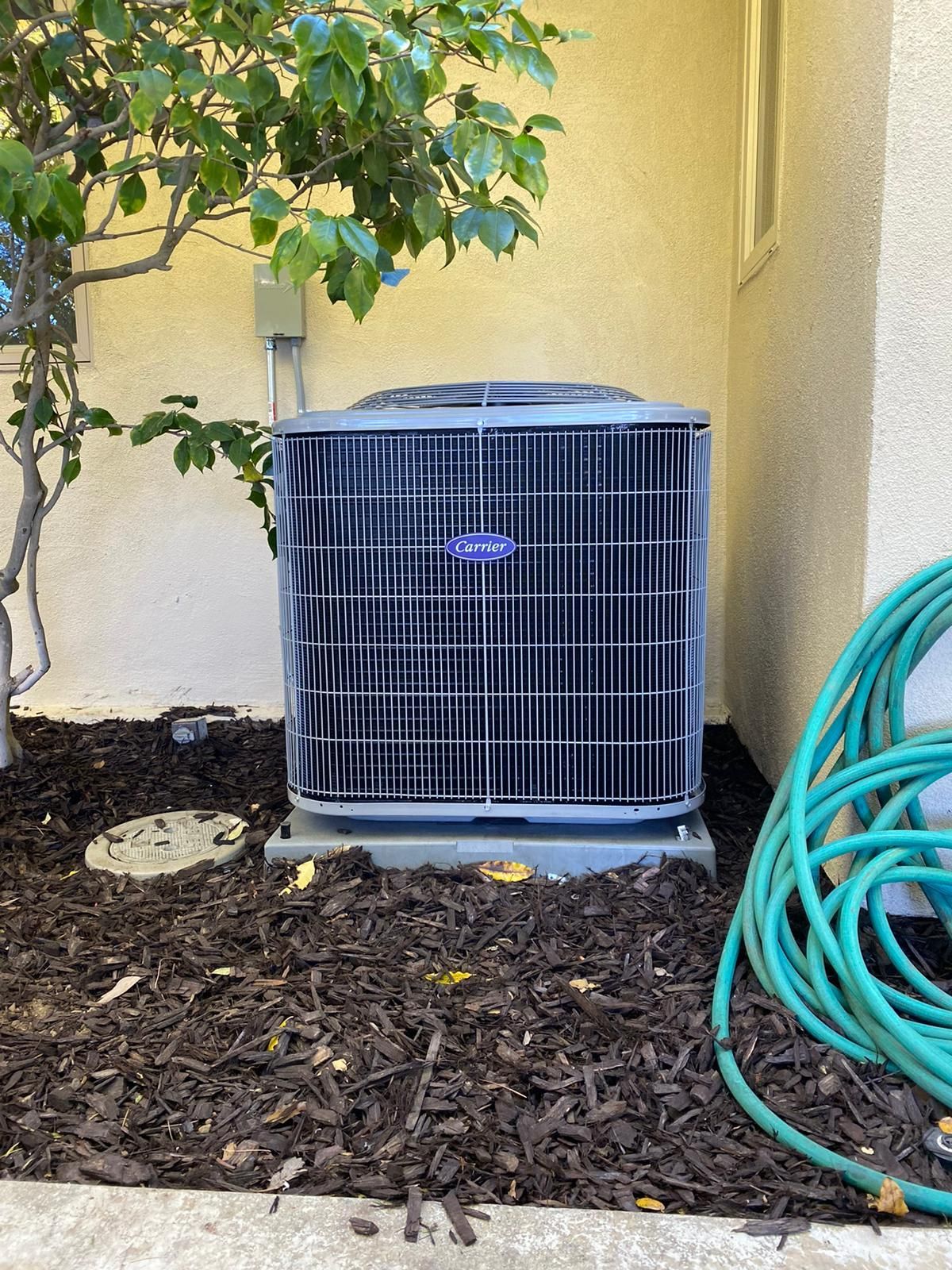 A carrier air conditioner is sitting on top of a pile of mulch next to a hose.
